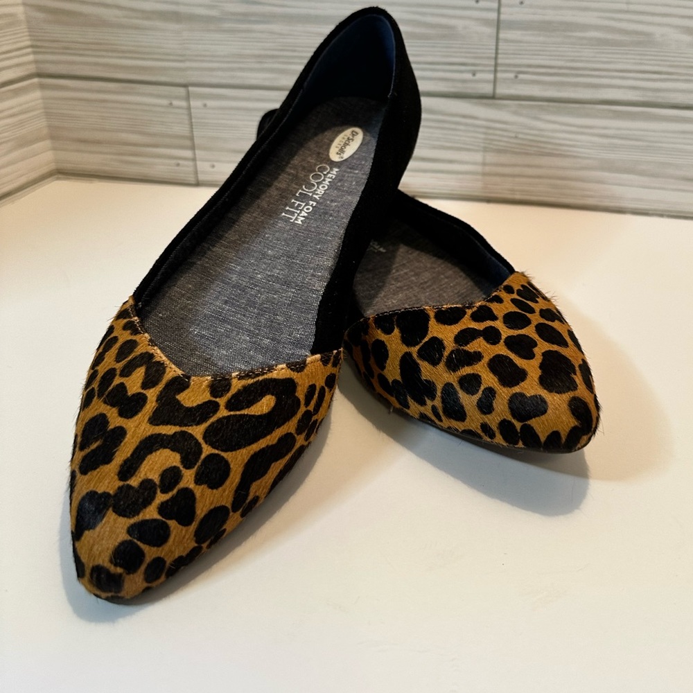 Dr Scholl’s Memory foam, Leopard and black ballet flat. Real cow fur. 8 NWOT